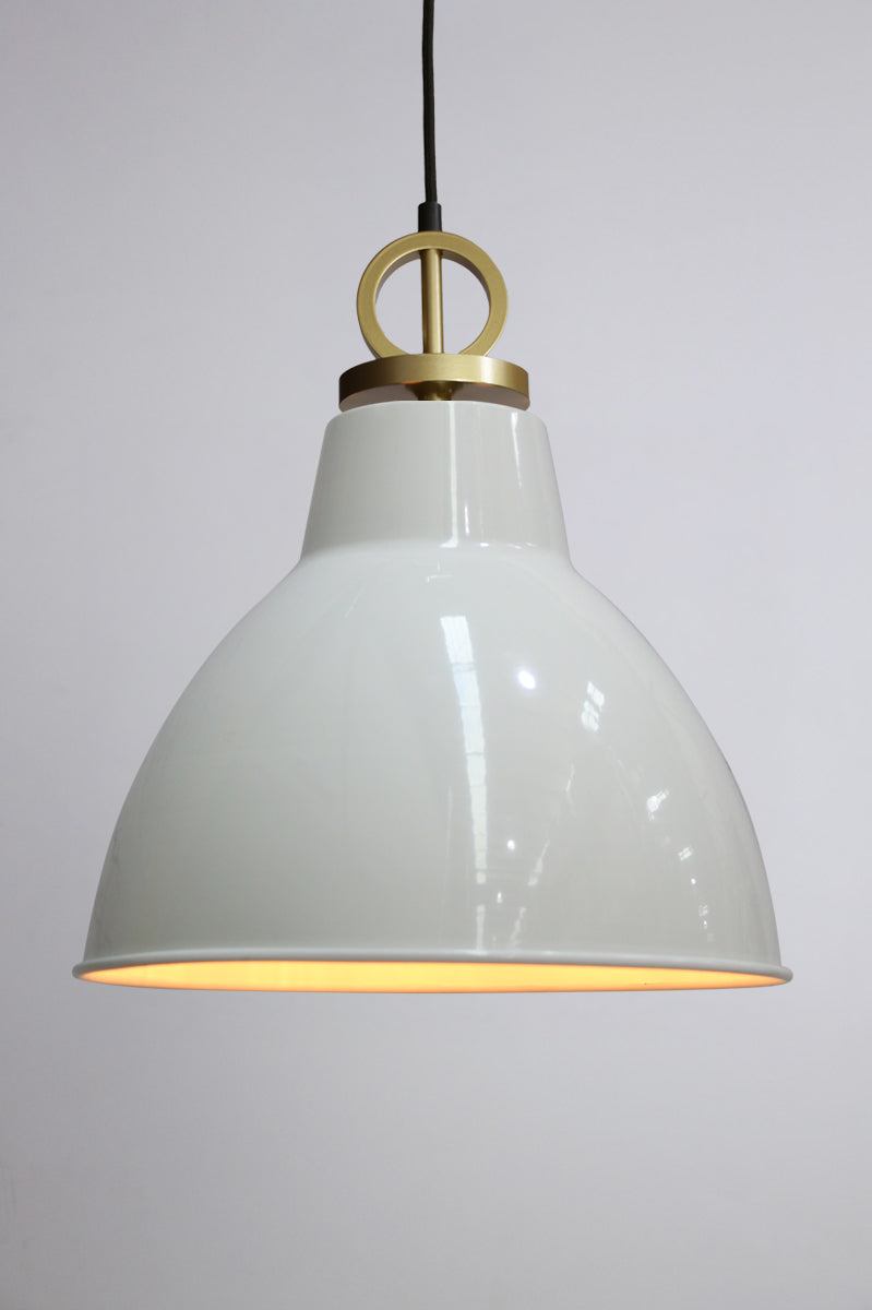 White pendant light with gold/brass cord with disc