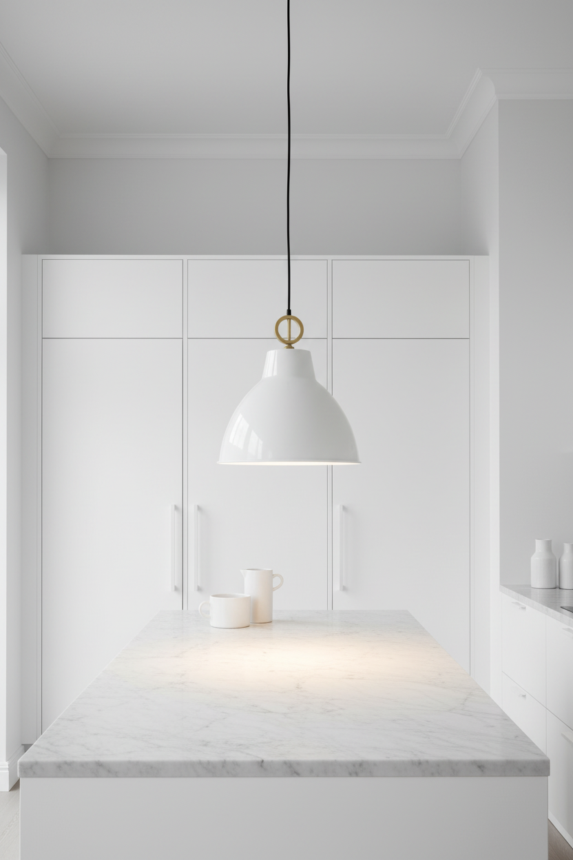 Modern kitchen with white cabinets, marble countertop, and a white pendant light.