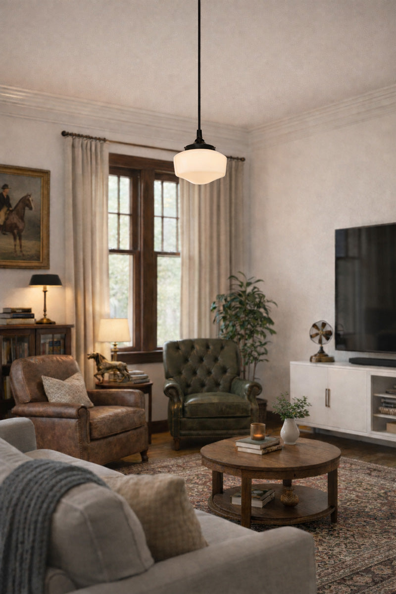 Opal glass schoolhose shade on a black gallery and cord in a traditional living room with plush furniture. 