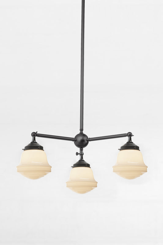 Colton Schoolhouse Chandelier 3 light pendant in black with softly lit schoolhouse shades