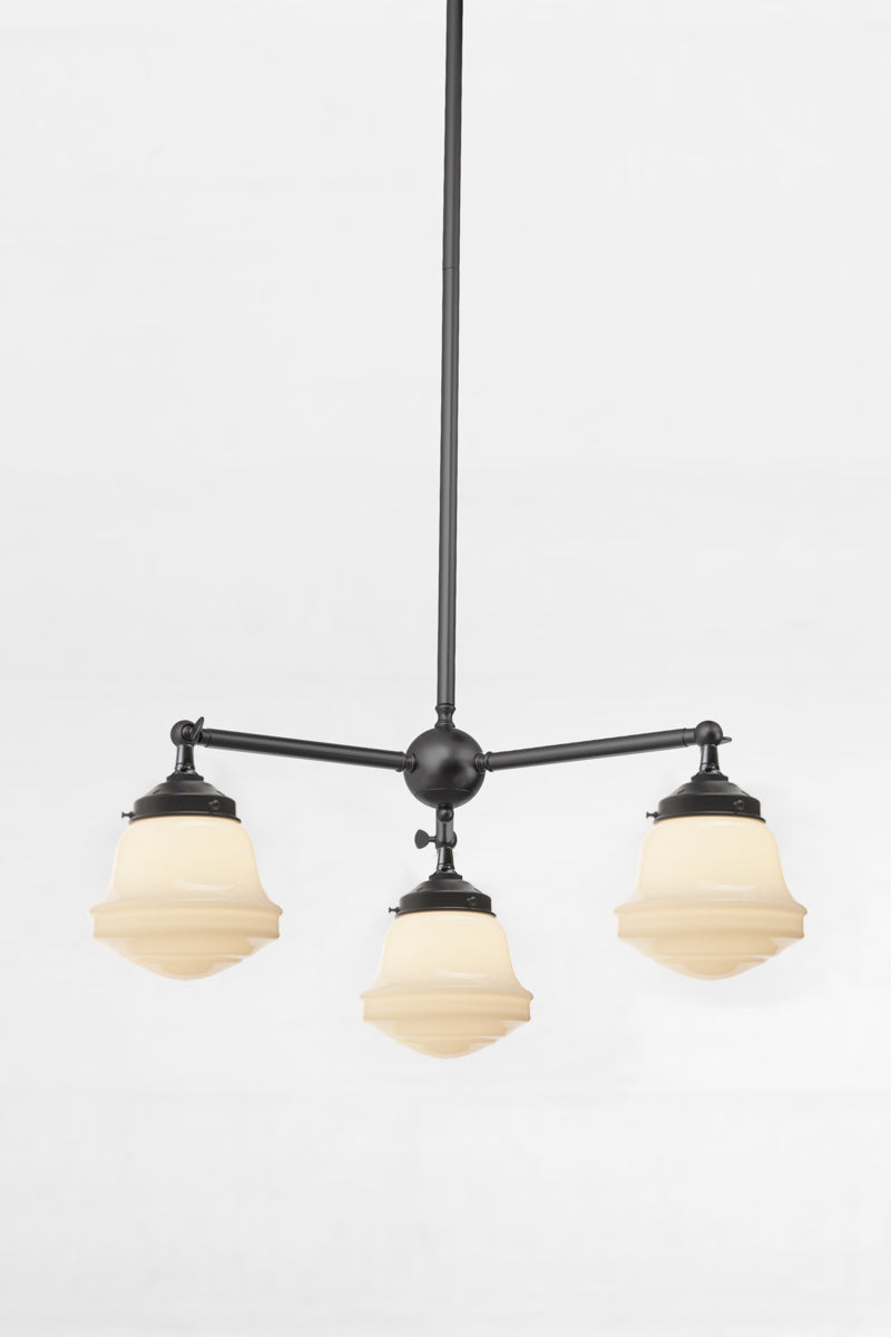 Colton Schoolhouse Chandelier 3 light pendant in black with softly lit schoolhouse shades