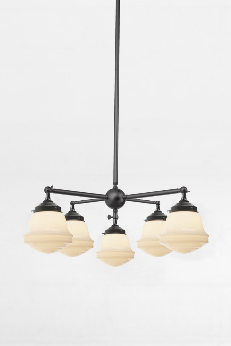 Colton Schoolhouse Chandelier 5 light pendant in black with opal schoolhouse glass shades