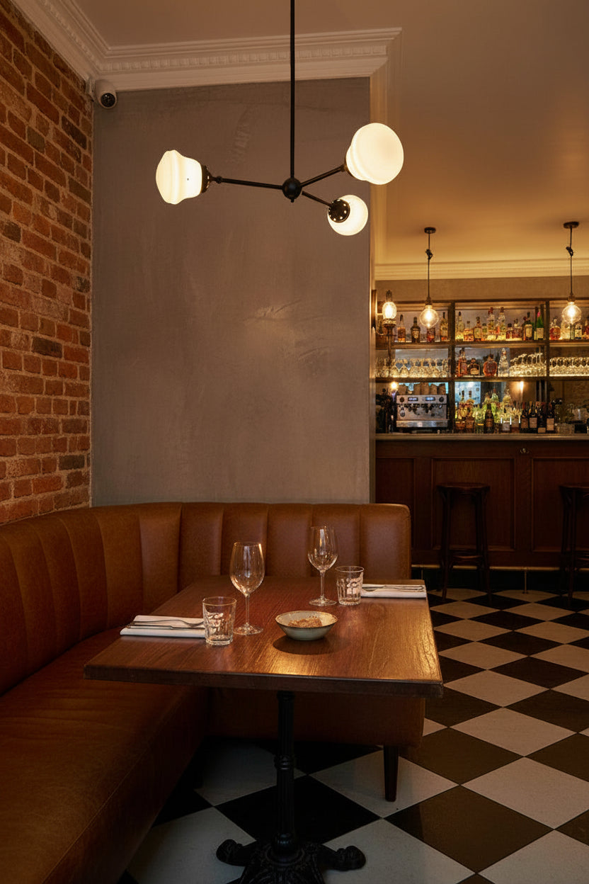 Black three arm chandelier with opal glass shades over a brown leather bench in a restaurant.