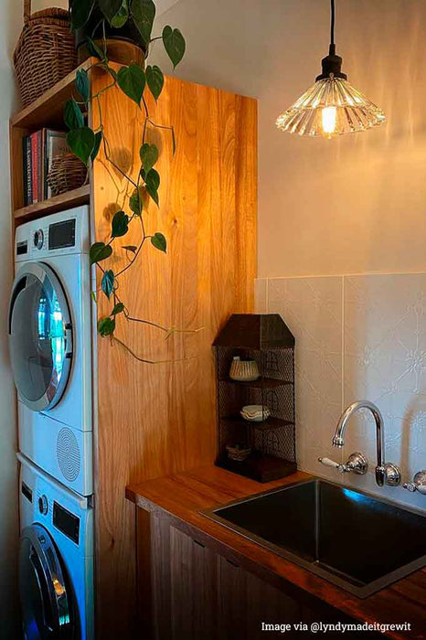 Vintage glass pendant light in a laundry room