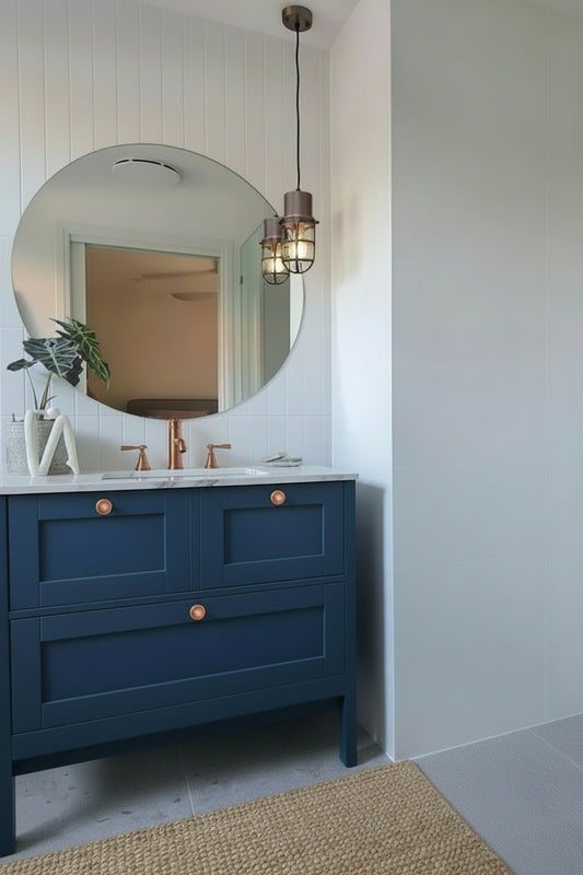 Copper caged pendant light in a fresh bathroom. 