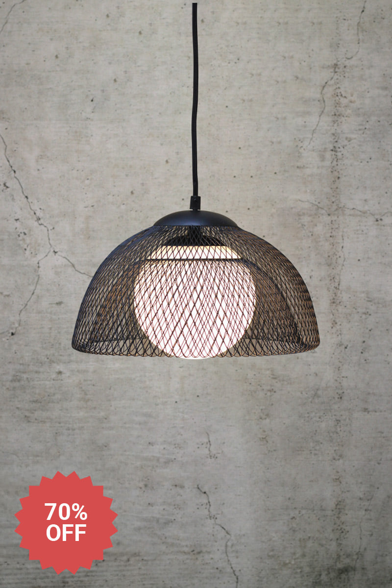 Metal wired cage shade with an opal glass ball shade and blacke pendant cord. 