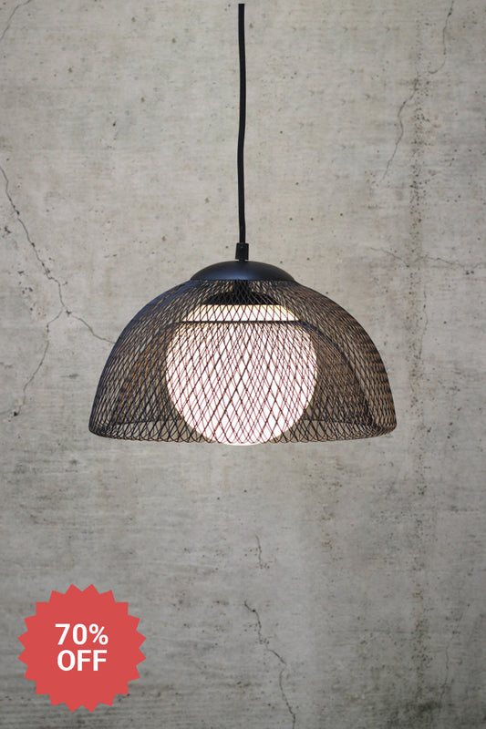 Metal wired cage shade with an opal glass ball shade and blacke pendant cord. 