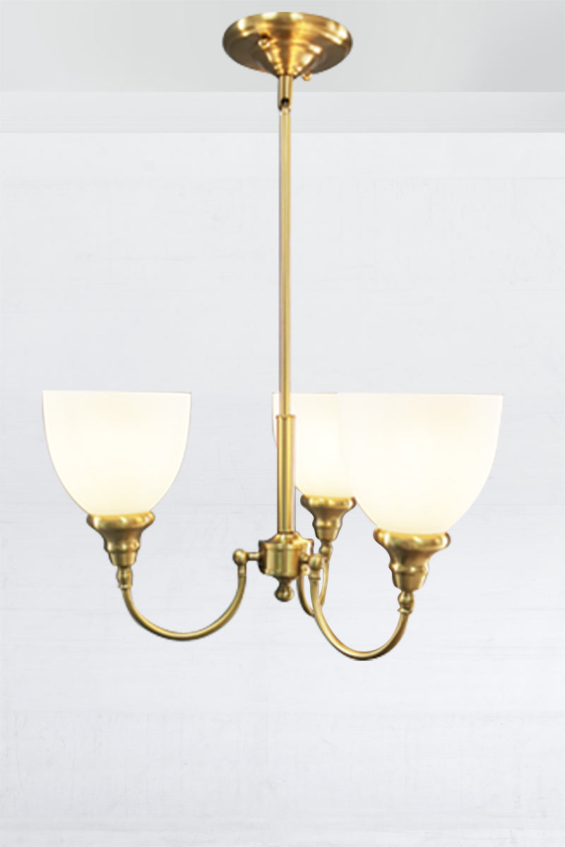 Satin Brass three light chandelier upright