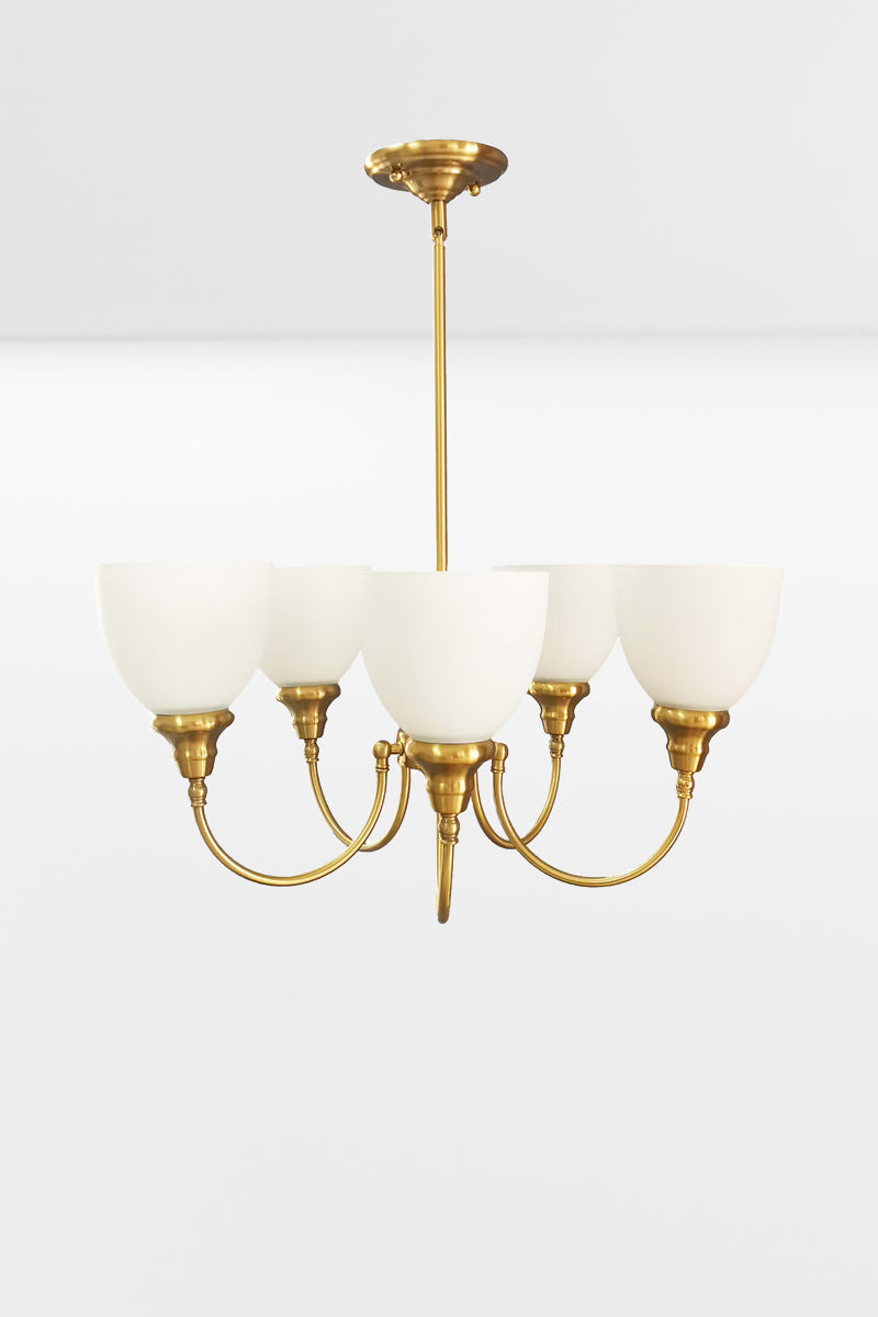 Satin Brass five light light chandelier upright with ceiling rose. 