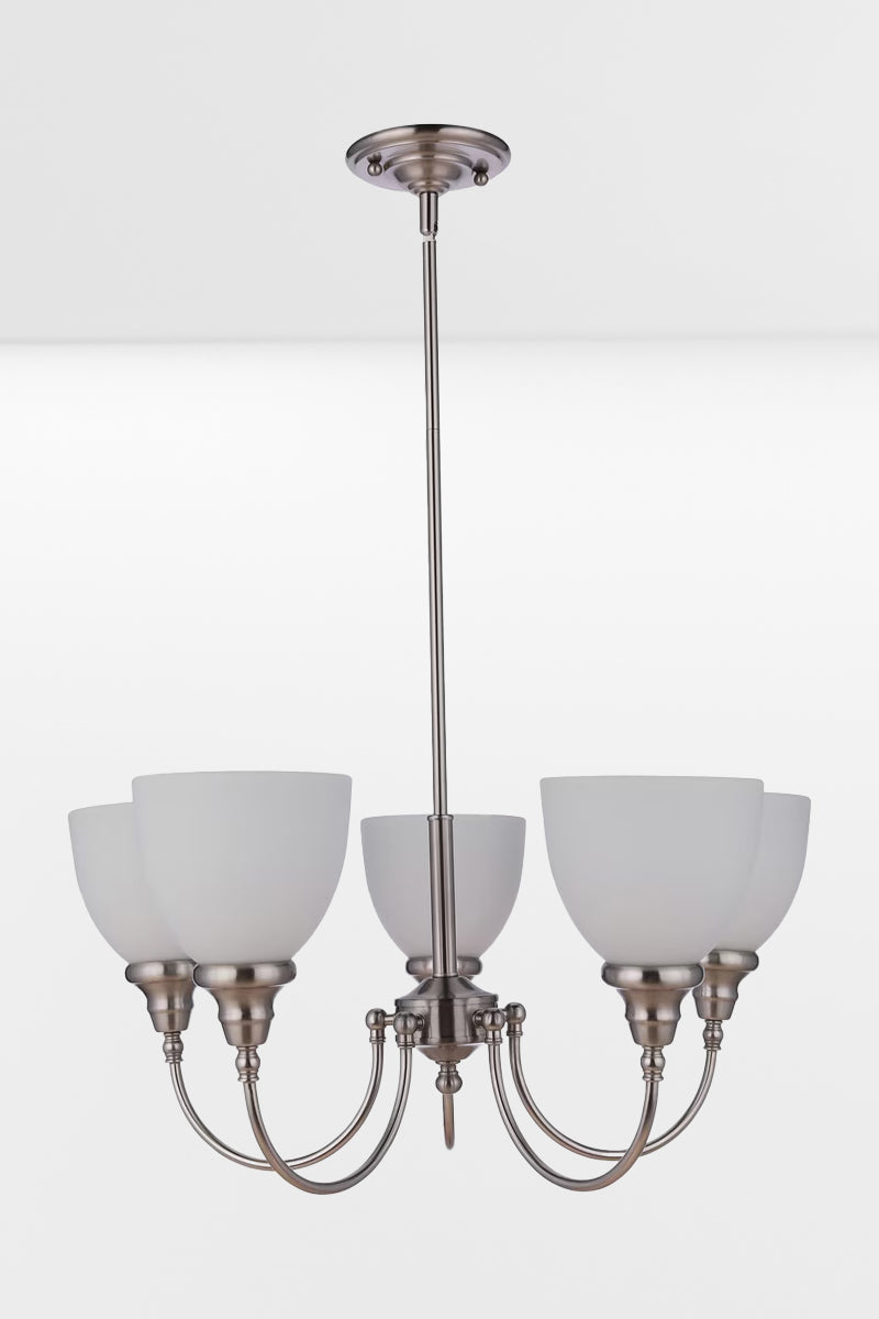 Large 5 light brushed nickel finished chandelier with opal glass shades. 