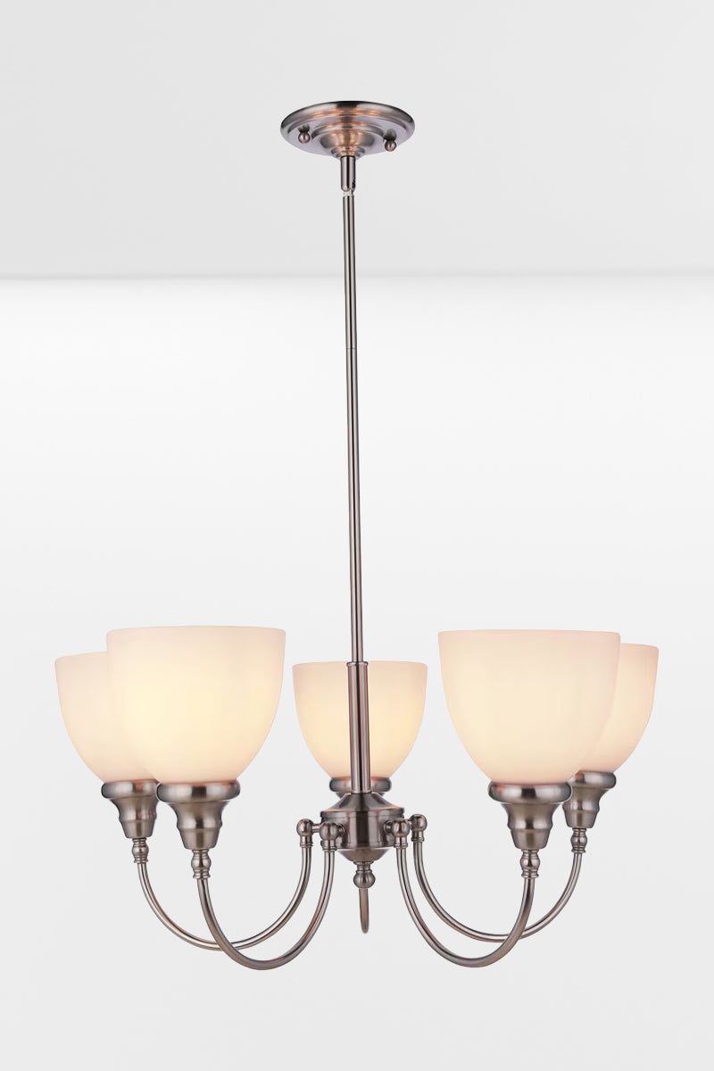 Illuminated large 5 light brushed nickel finished chandelier with opal glass shades. 