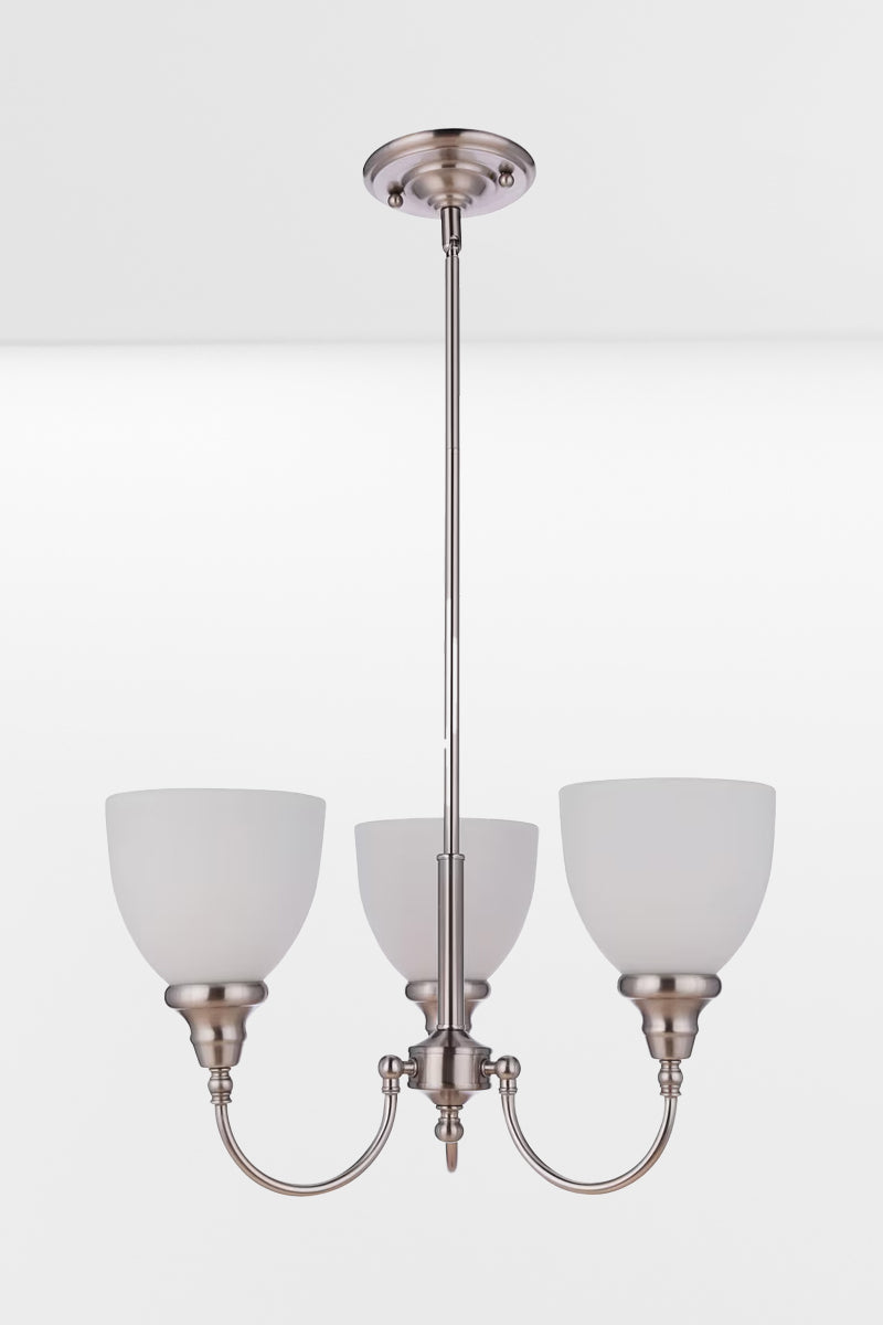 Small 3 light brushed nickel finished chandelier with opal glass shades. 