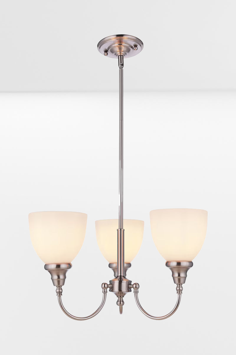 Illuminated small 3 light brushed nickel finished chandelier with opal glass shades. 