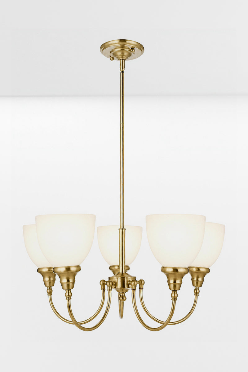 Satin Brass five light light chandelier upright with ceiling rose. 