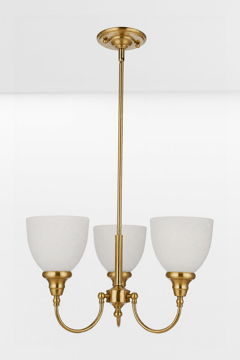 Satin Brass three light chandelier upright with ceiling rose. 