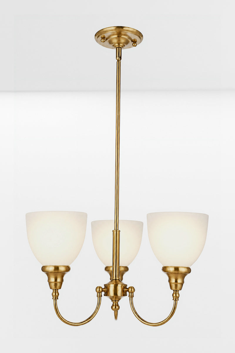 Illuminated Satin Brass three light chandelier upright