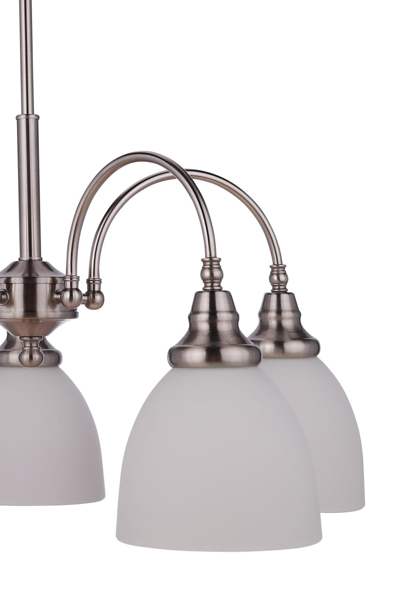Cropped view of the small 5 light brushed nickel finished chandelier, facing downwards. 