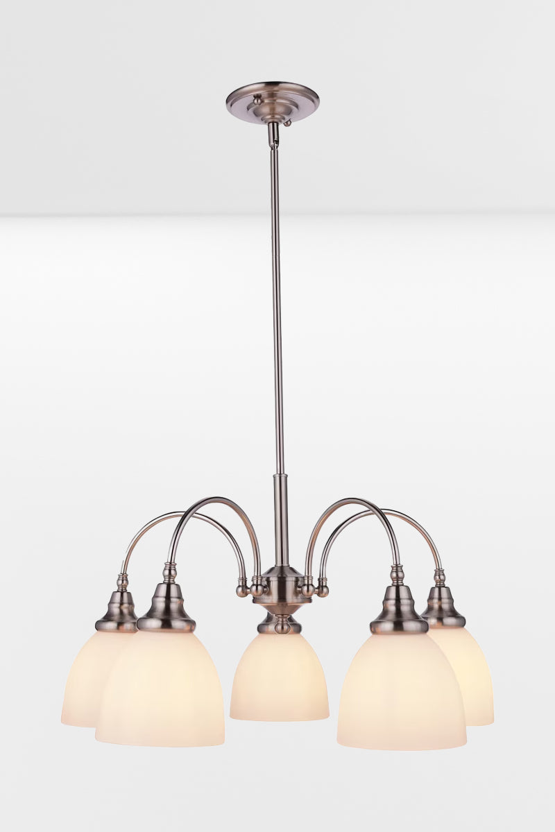 Illuminated large 5 light brushed nickel finished chandelier with opal glass shades, facing downwards. 