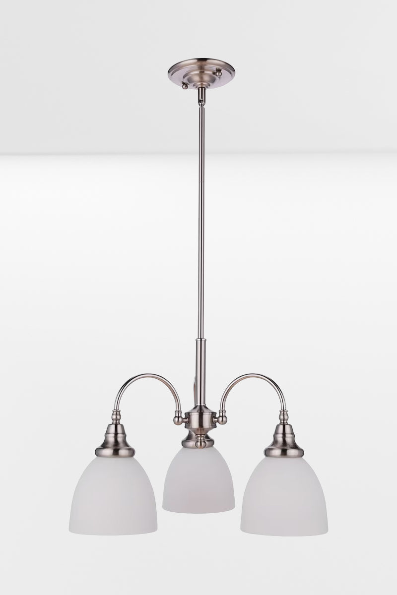 Small 3 light brushed nickel finished chandelier with opal glass shades, facing downwards. 