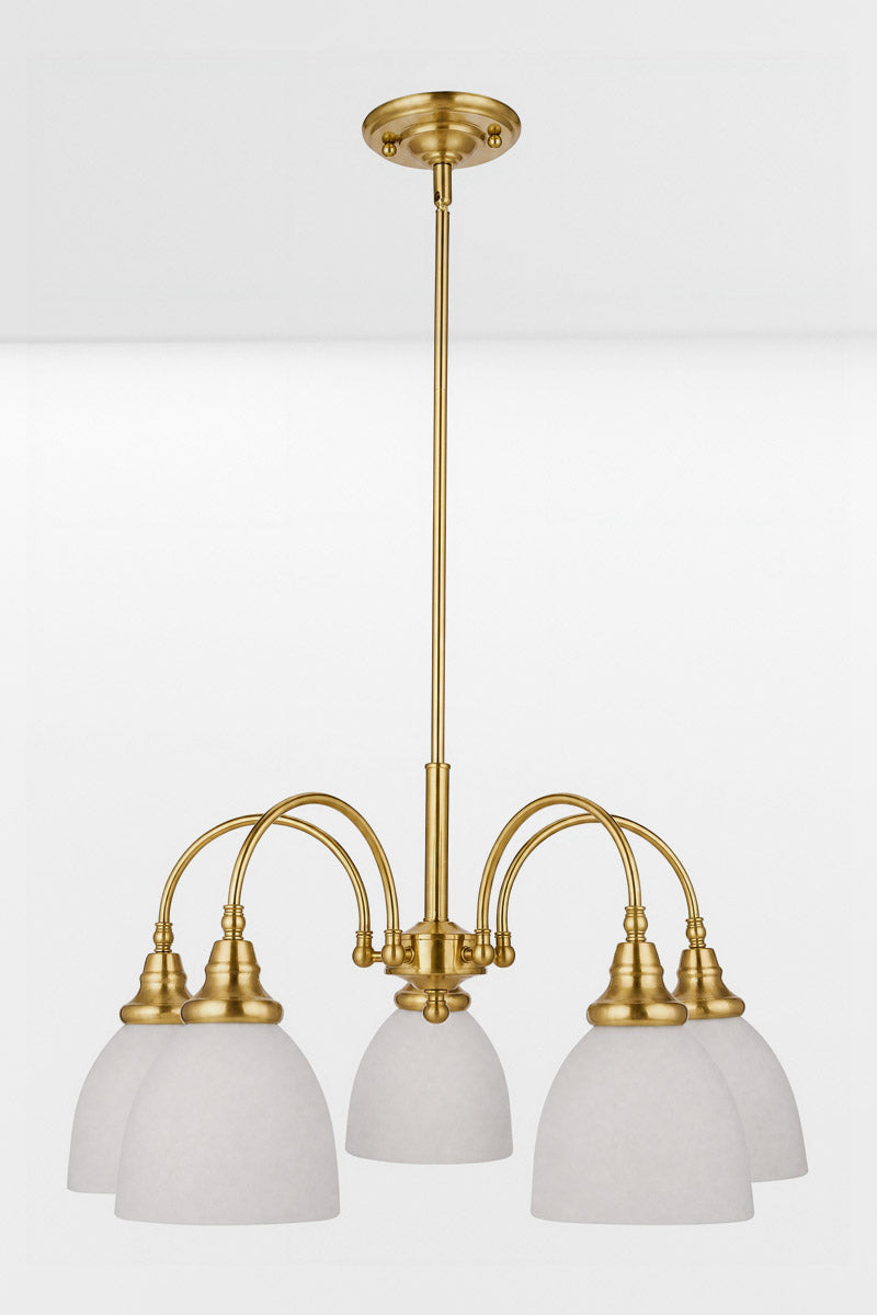 Large 5 light with a Satin Brassl finish chandelier with opal glass shades, facing downwards. 
