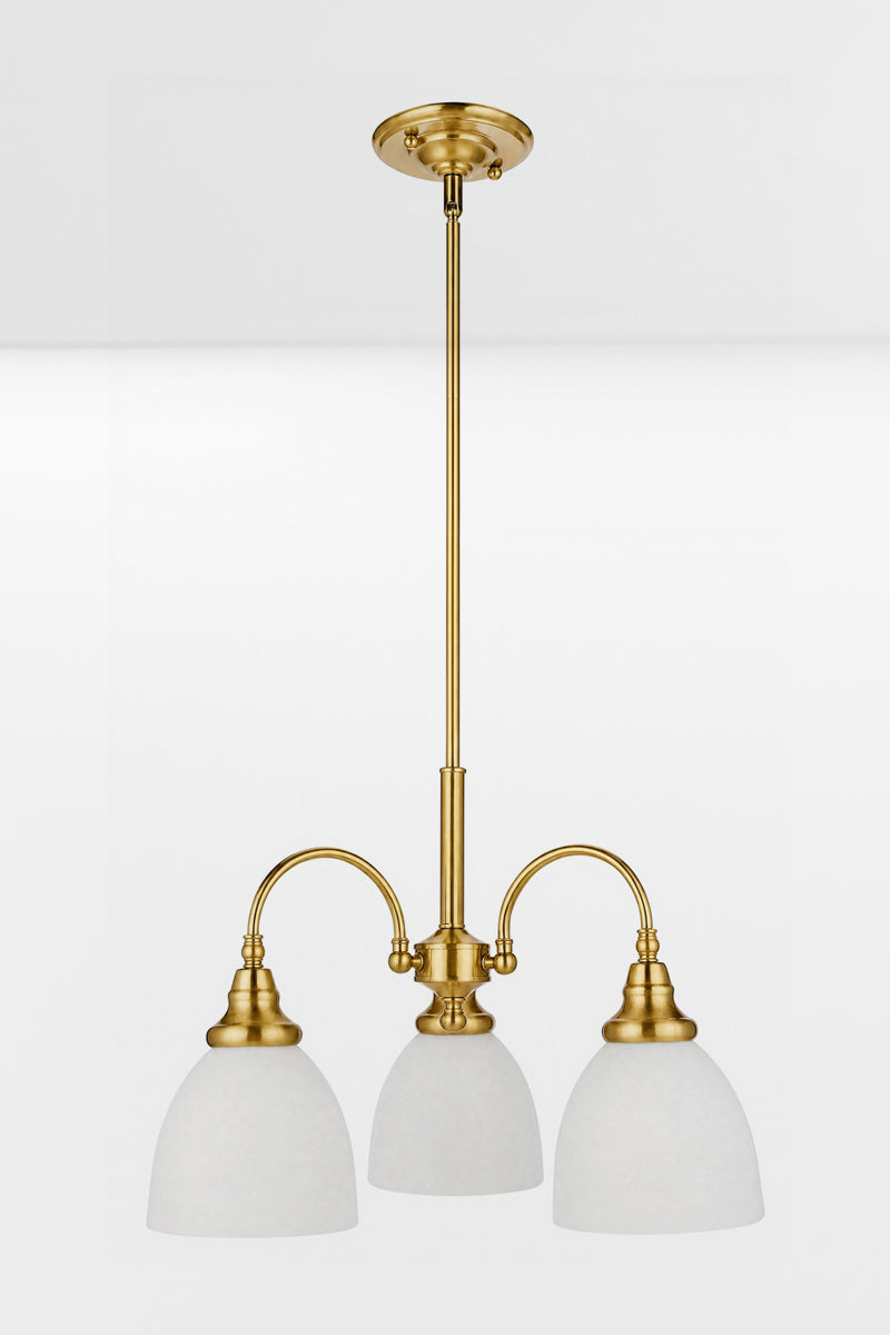 Satin Brass 3 light with opal shades facing down. 