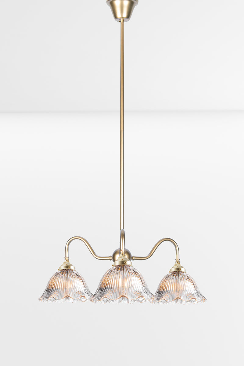 Gold/brass 3 light gooseneck chandelier with frilledge clear glass ribbed shades. 