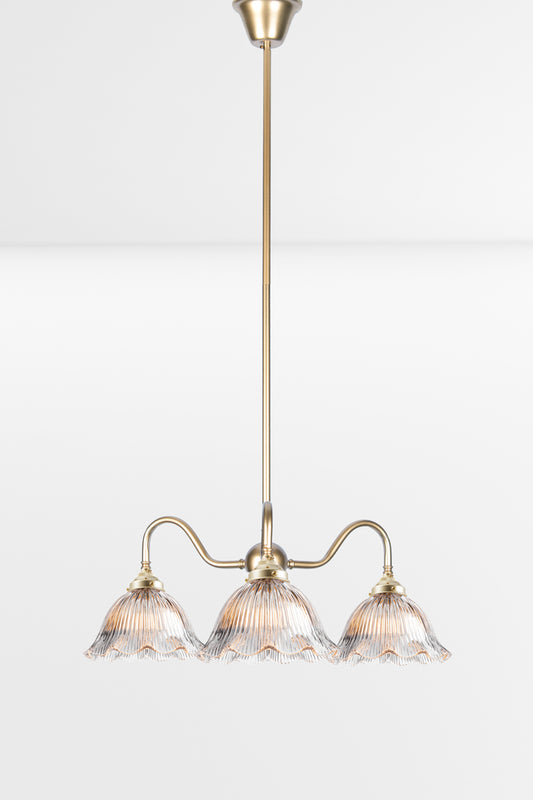Gold/brass 3 light gooseneck chandelier with frilledge clear glass ribbed shades. 