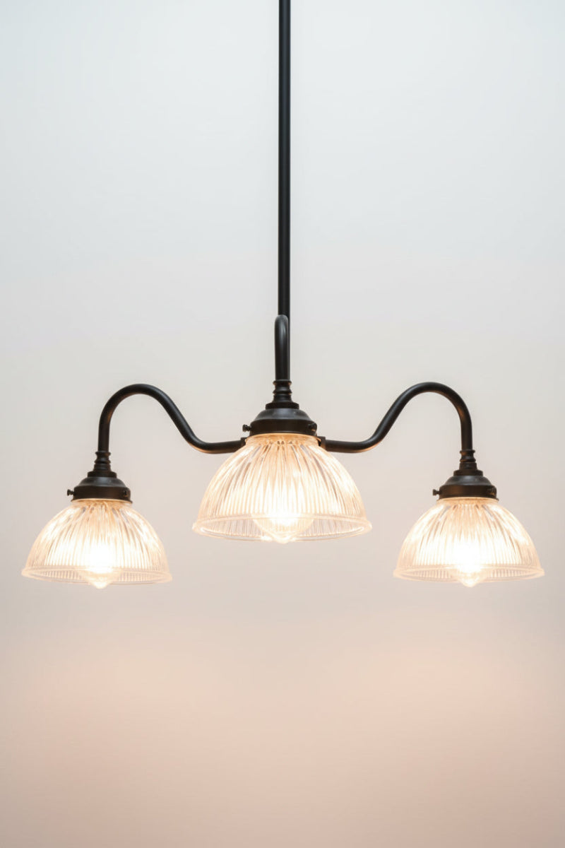 Clear ribbed glass shades on a 3 arm gooeneck black frame. 