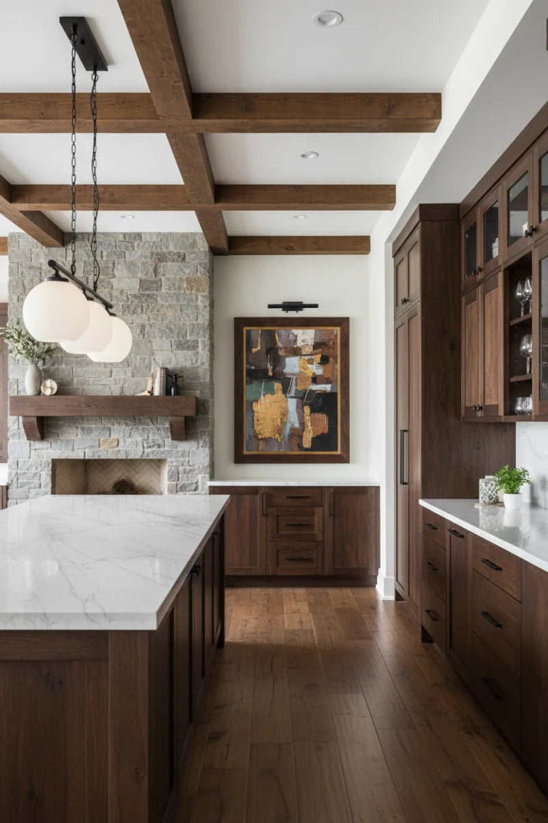 Open opal glass shades on a black linear light fixture in a tmber and white kitchen. 