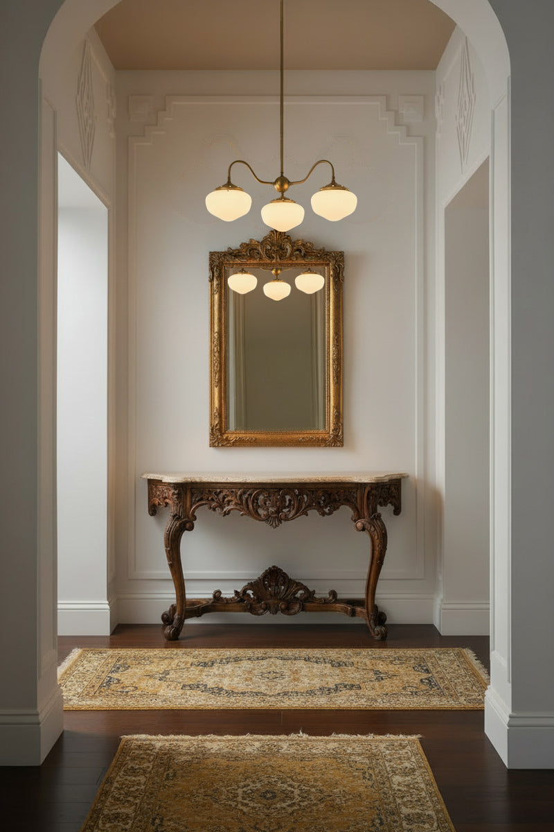 Washington Gooseneck Chandelier with gold brass Steel frame in hallway.