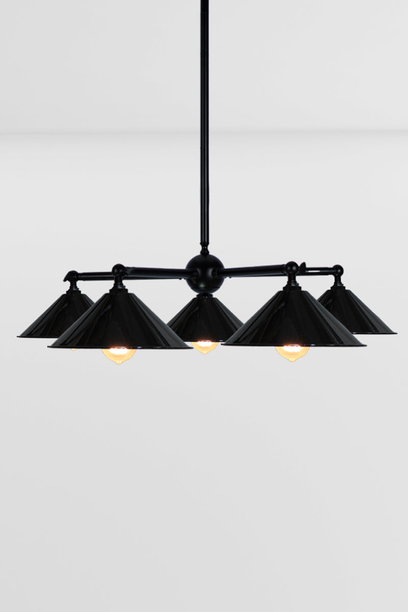 Five light, straight arm, black chandelier with five small black cone shades. 