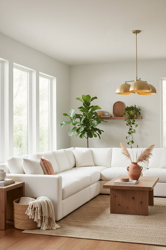 gold brass finish on the 3 light pendant with large dome shades in a modern living space over a wooden coffee table