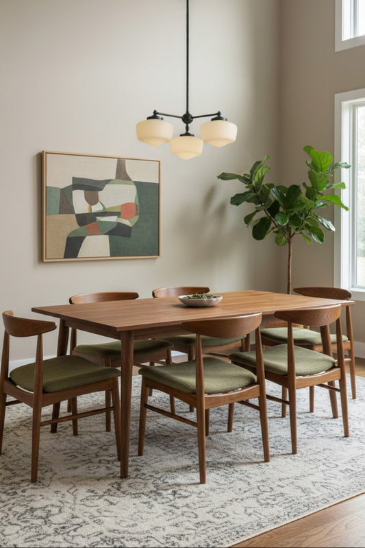 Mid century modern dining space with an opal shades on black steel 3 light pendant.