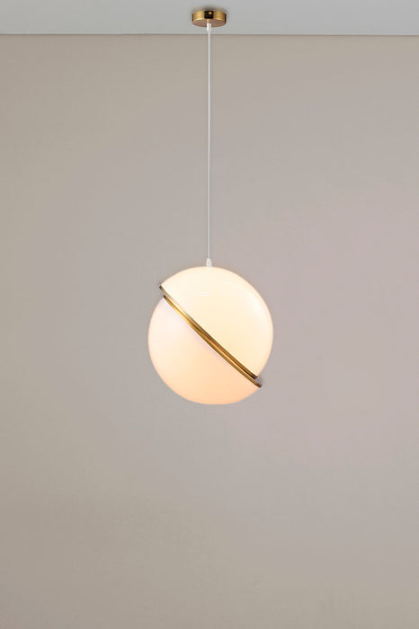 Stylish Menangle pendant light (300x300mm) featuring a matte white spherical cover with elegant golden accents.
