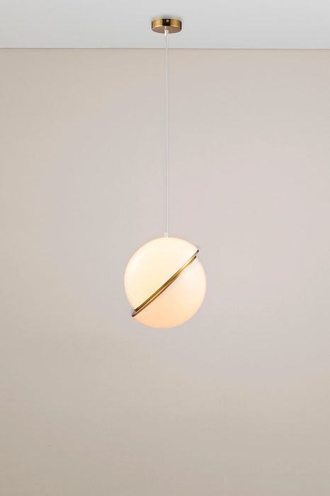 Compact Menangle pendant (200x200mm) with an off-centre split design, matte white cover, and stylish golden accents.
