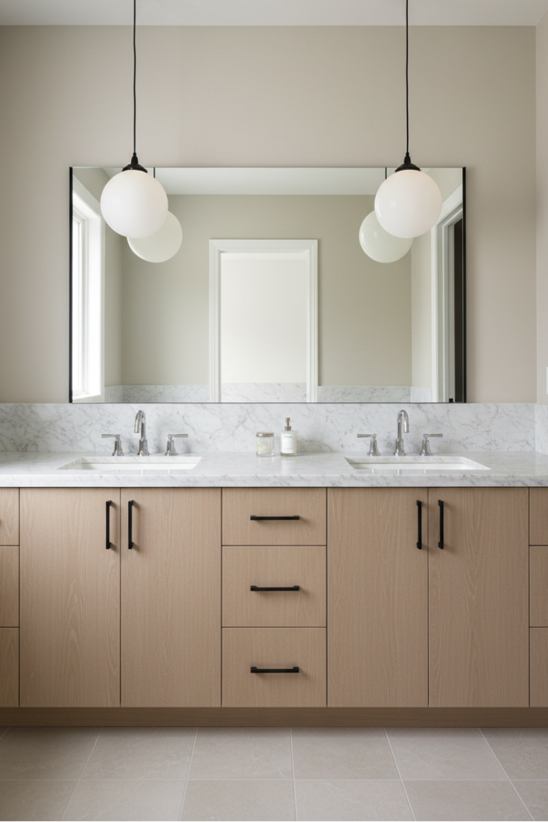 Two orb shades over a double vanity. 