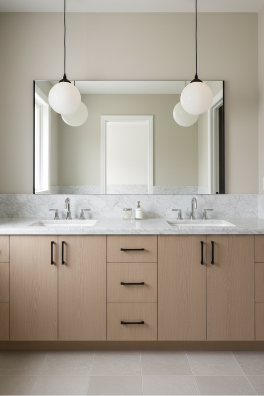 Two orb shades over a double vanity. 