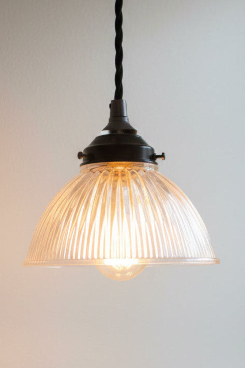 Black twist cord pendant paired with a clear glass shade featuring holophane detailing. 