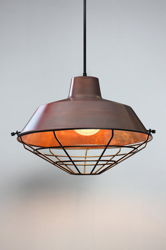 Copper hangning light round cord black cage