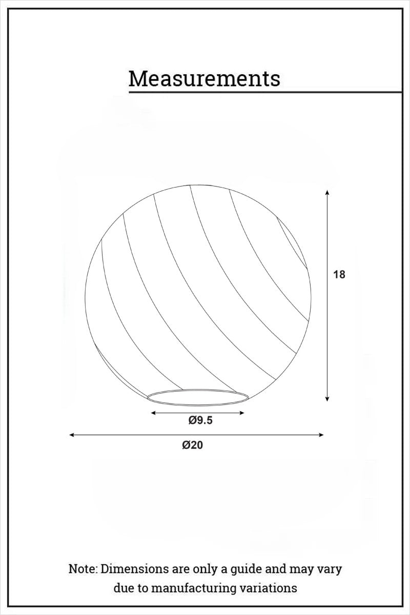 Dimension illustration of the open clear glass ball shade with twisted detailing.