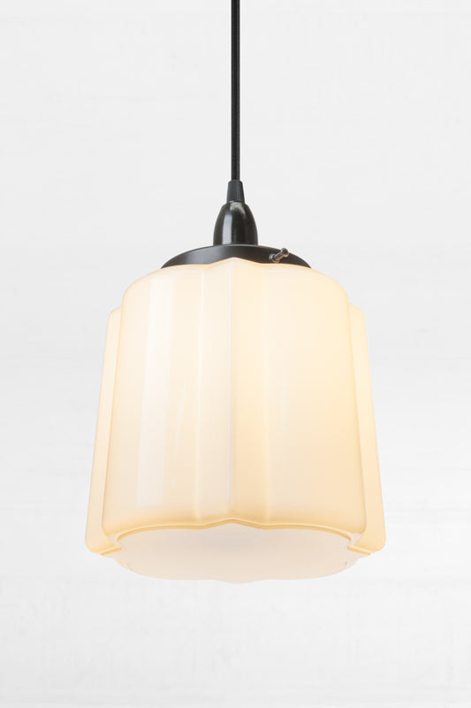 Deco glass shade paired with vintage style pendant cords and bulbs for an authentic look&nbsp;