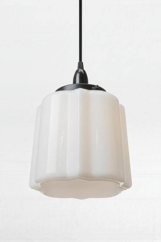 Opal glass unique deco shade on a black cord and lampholder