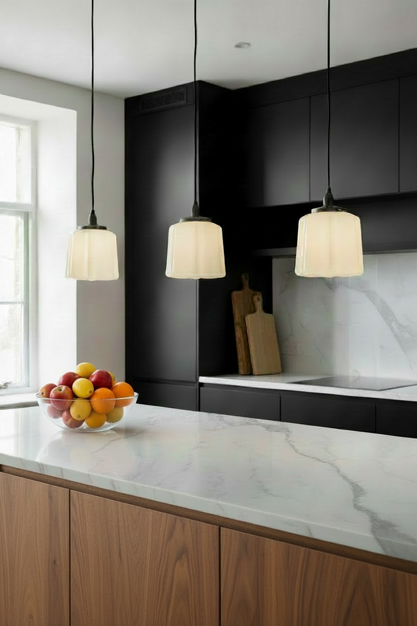 Modern kitchen with black cabinets, marble countertop and 3 opal glass pendant lights.