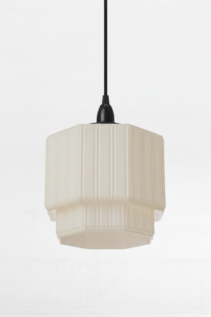 Art Deco inspired opal shade with step detailing on a black pendant. 