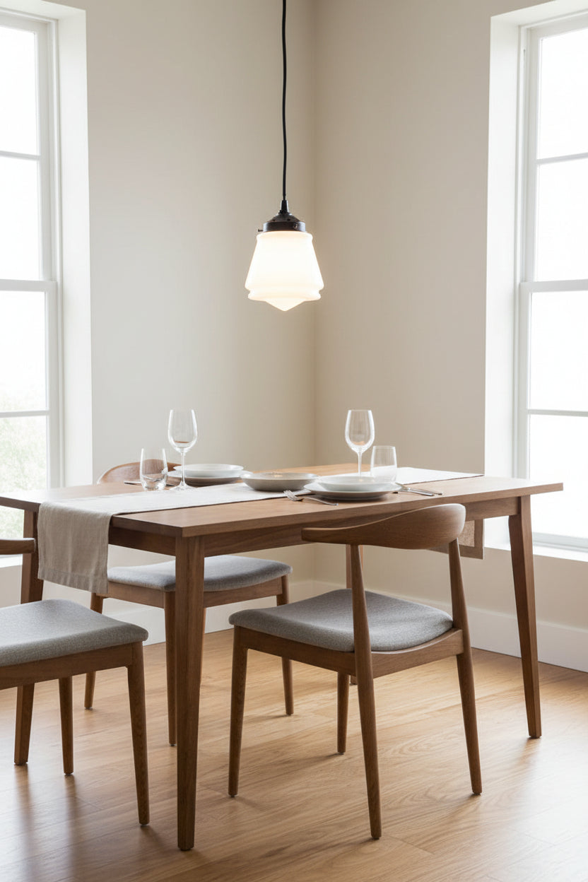 Deco-style pendant light with a opal glass shade over contemporary dining table