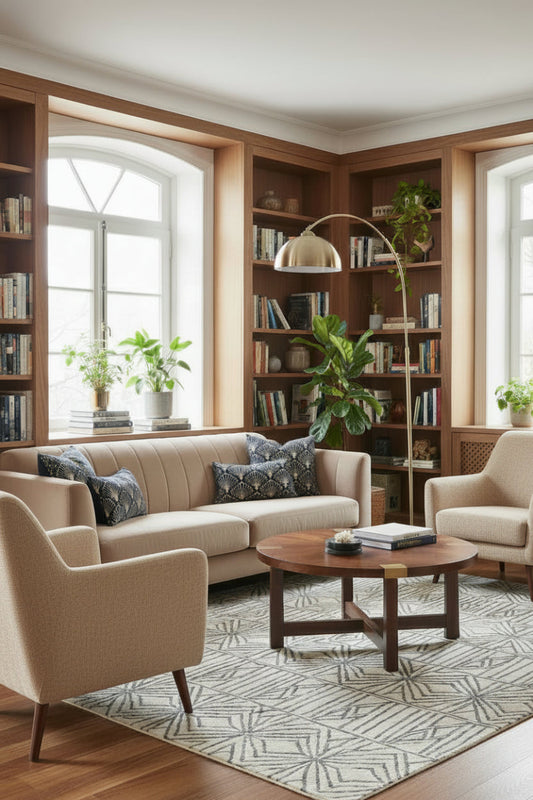 Antique brass finished floor lamp in a contemporary/ traditional living room with timber bookshelves, beige plush furniture and greenery. 