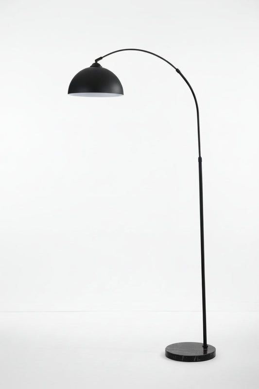 Black arc floor lamp with a black marble base