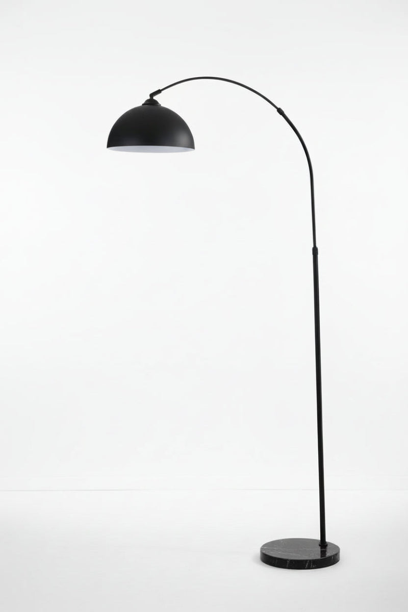Black arc floor lamp with a black marble base
