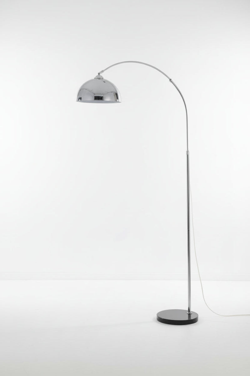 Chrome arc floor lamp with a black barble base