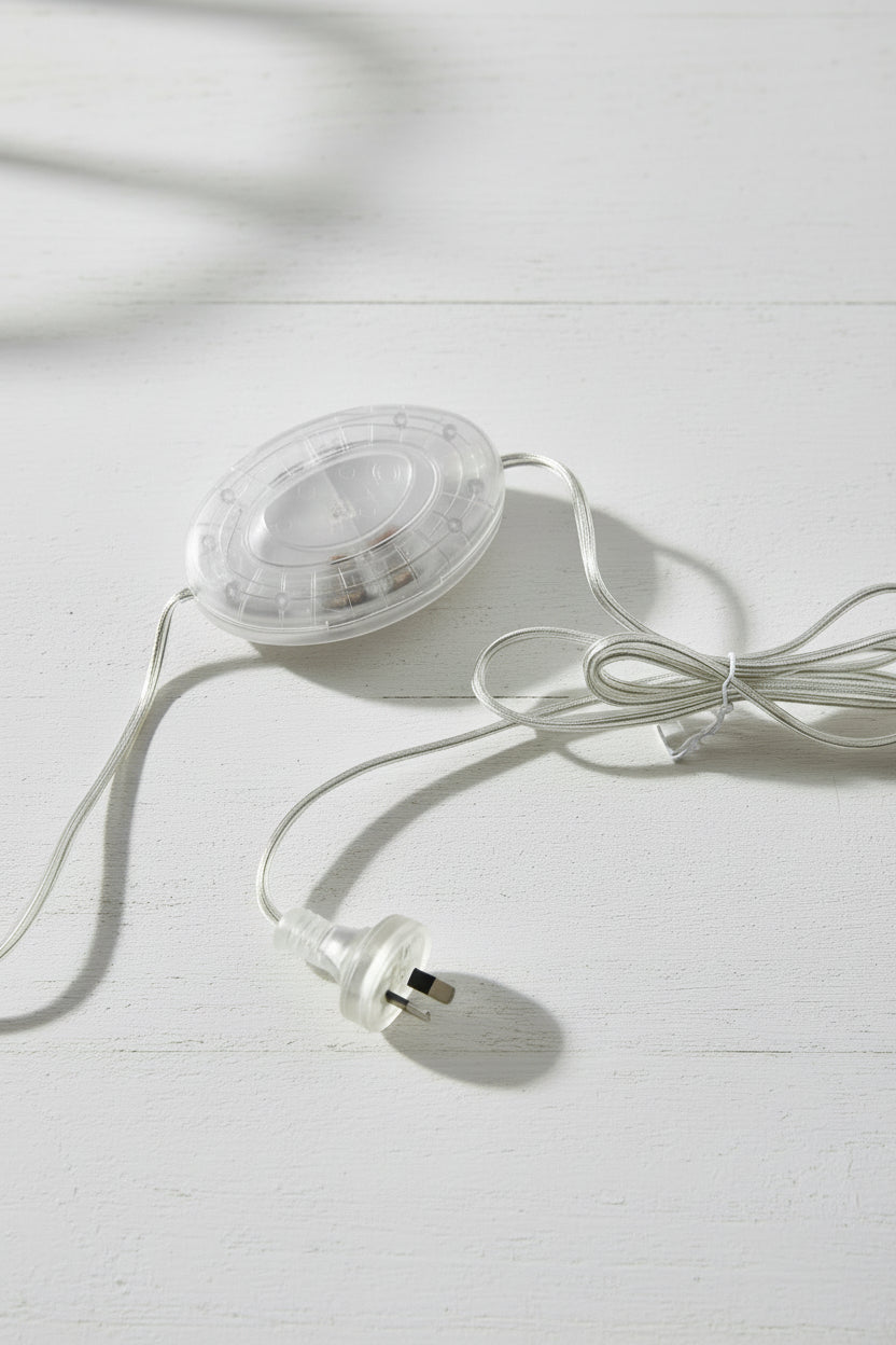 Clear powercord with inline foot switch that pairs with the chrome and antique brass floor lamps. 